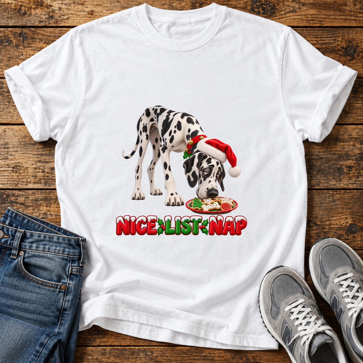 Nice List Nap Great Dane graphic T-shirt in White, shown on a flat-lay shirt mockup