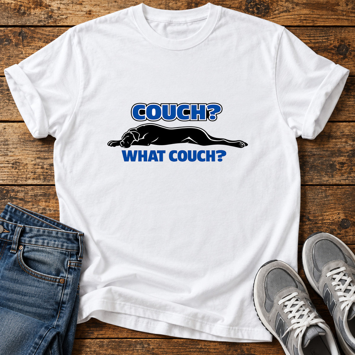 Couch What Couch Great Dane graphic T-shirt in White, shown on a flat-lay shirt mockup