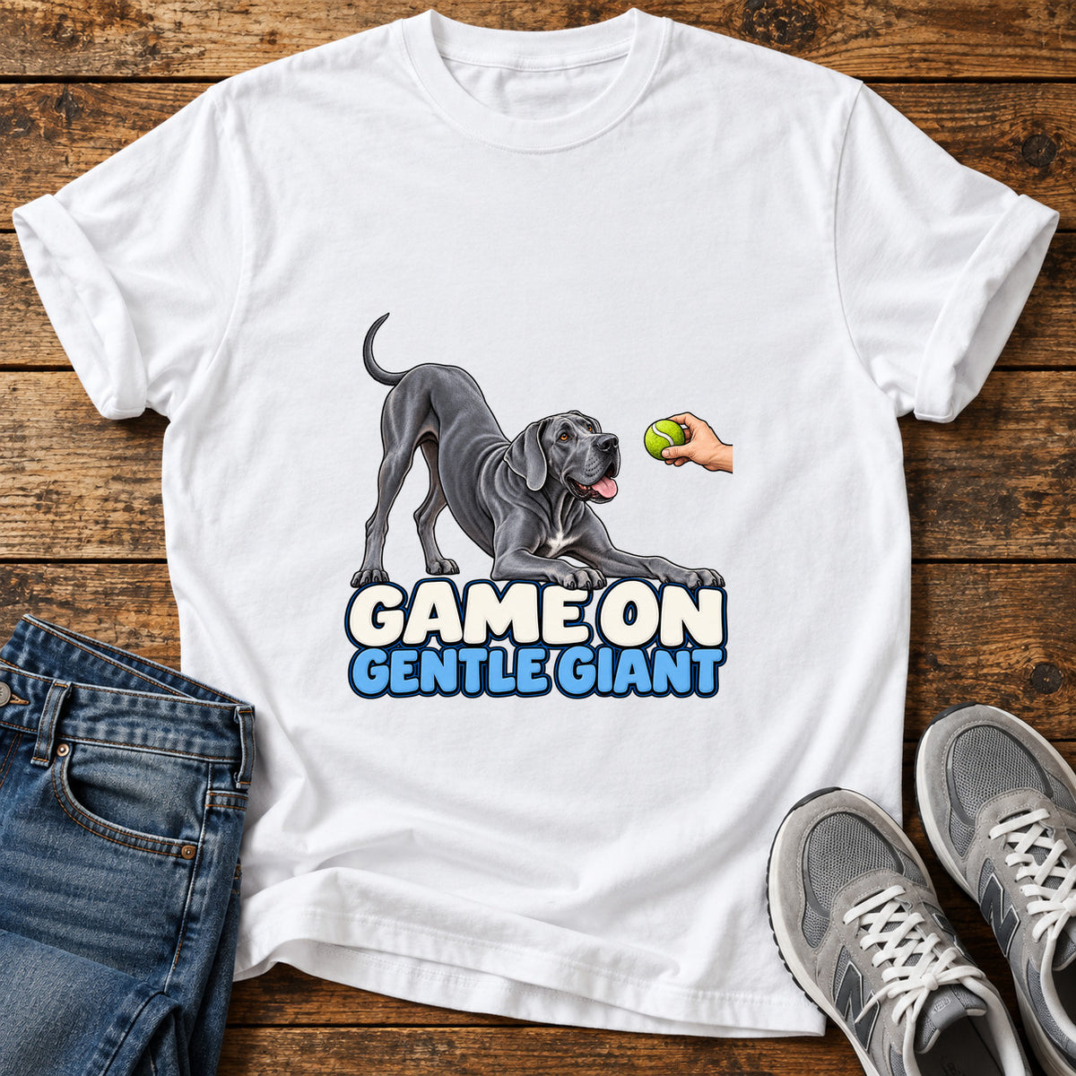 Game On Giant Great Dane graphic T-shirt in White, shown on a flat-lay shirt mockup