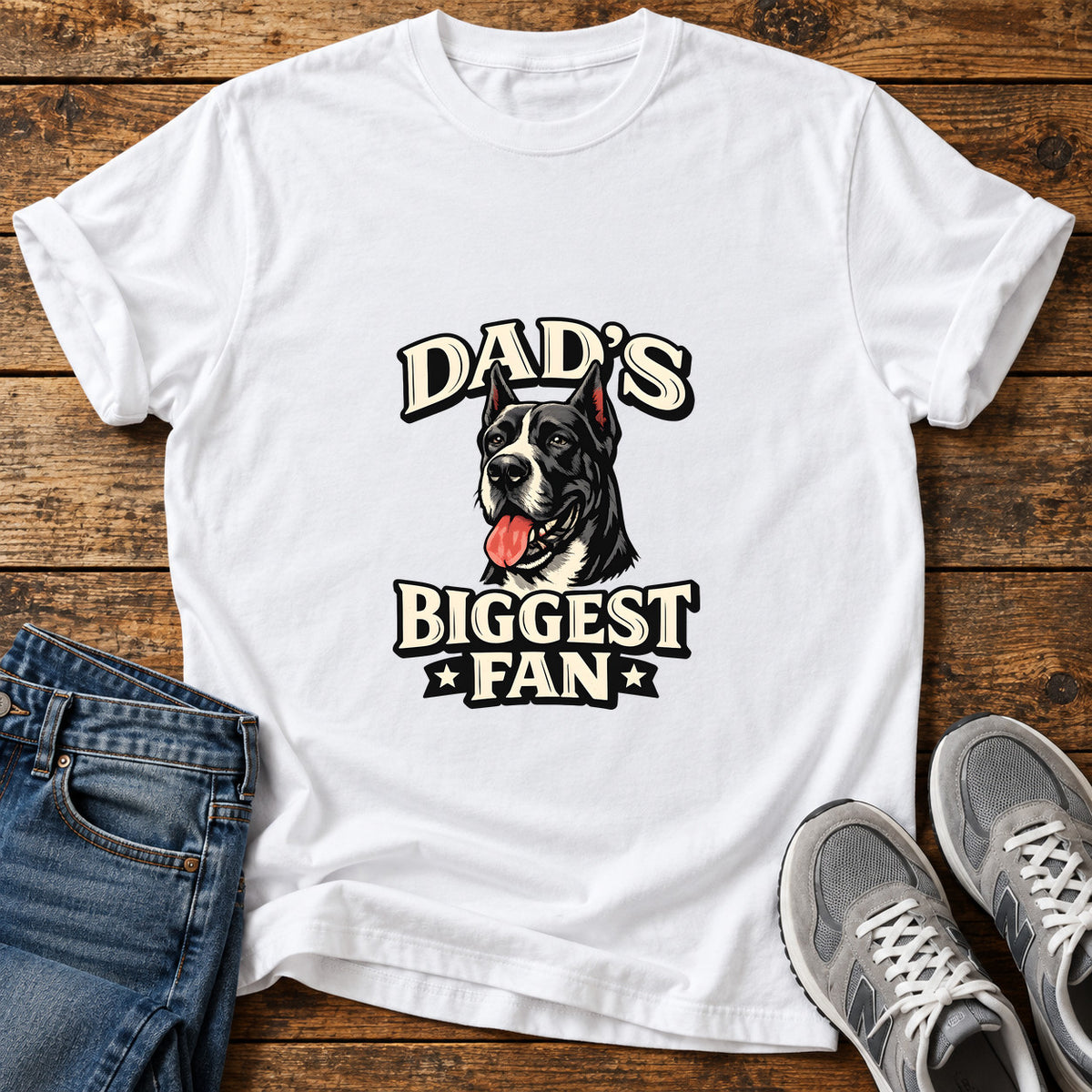 Dad's Biggest Fan Great Dane graphic T-shirt in White, shown on a flat-lay shirt mockup
