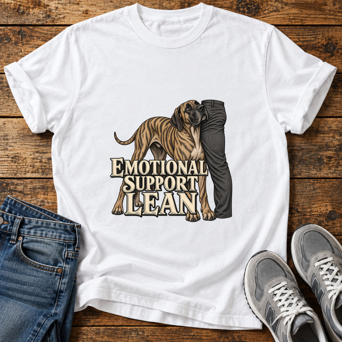 Emotional Support Lean Great Dane graphic T-shirt in White, shown on a flat-lay shirt mockup