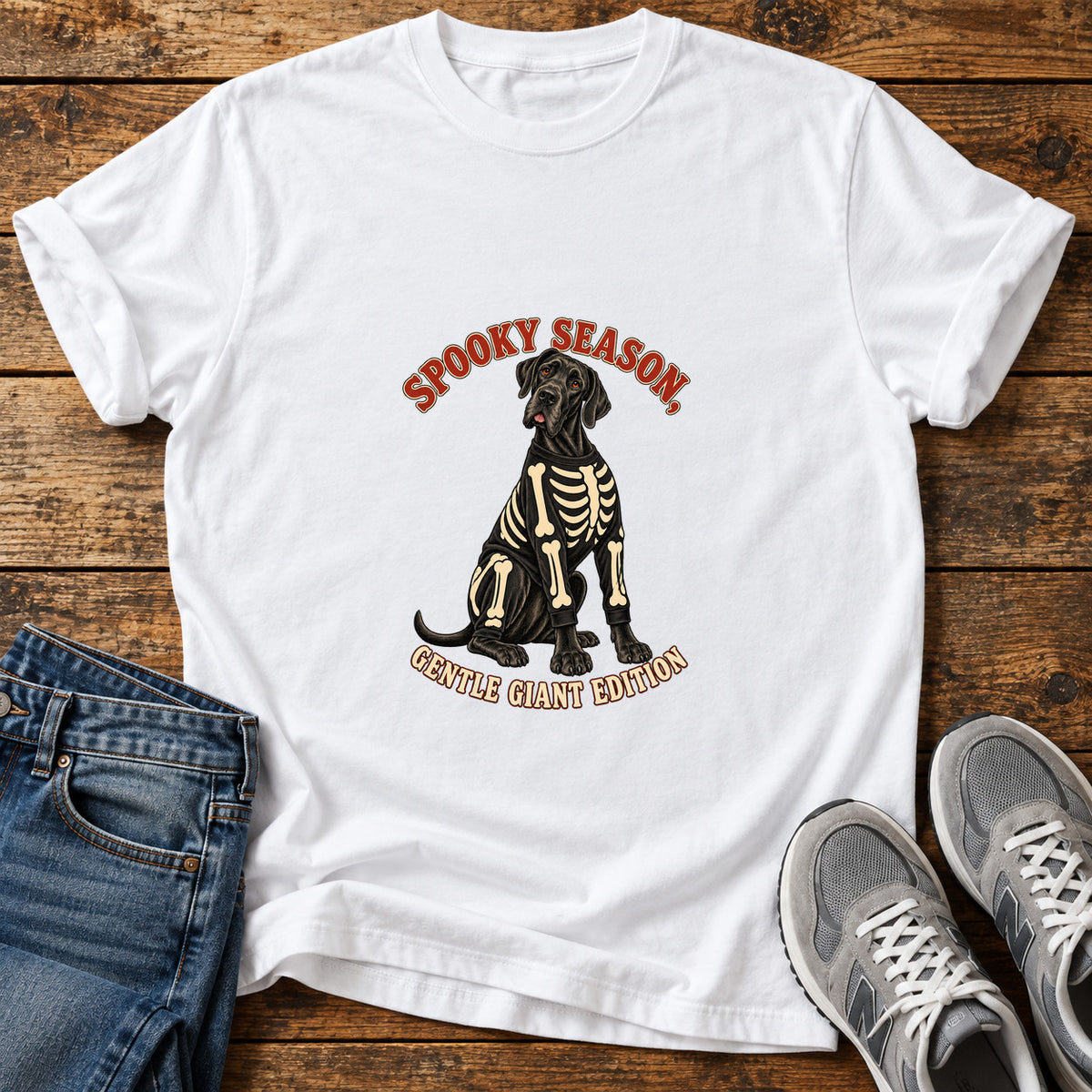 Spooky Gentle Giant Great Dane graphic T-shirt in White, shown on a flat-lay shirt mockup