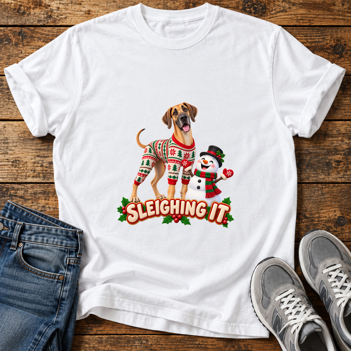 Sleighing It Great Dane graphic T-shirt in White, shown on a flat-lay shirt mockup