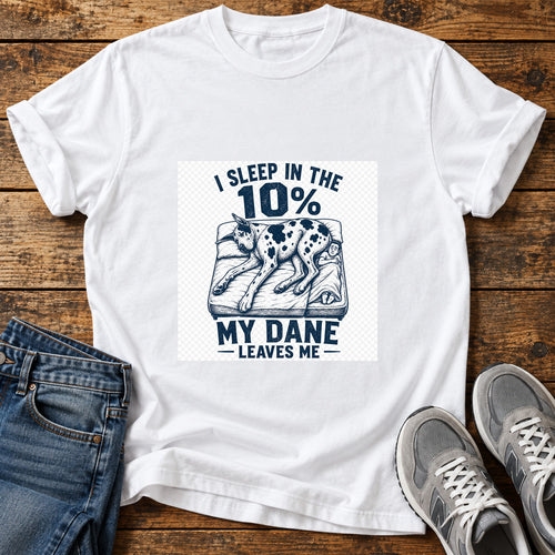 10 Percent Sleeper Great Dane graphic T-shirt in White, shown on a flat-lay shirt mockup