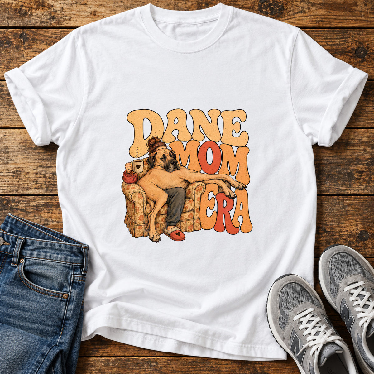 Dane Mom Era Great Dane graphic T-shirt in White, shown on a flat-lay shirt mockup