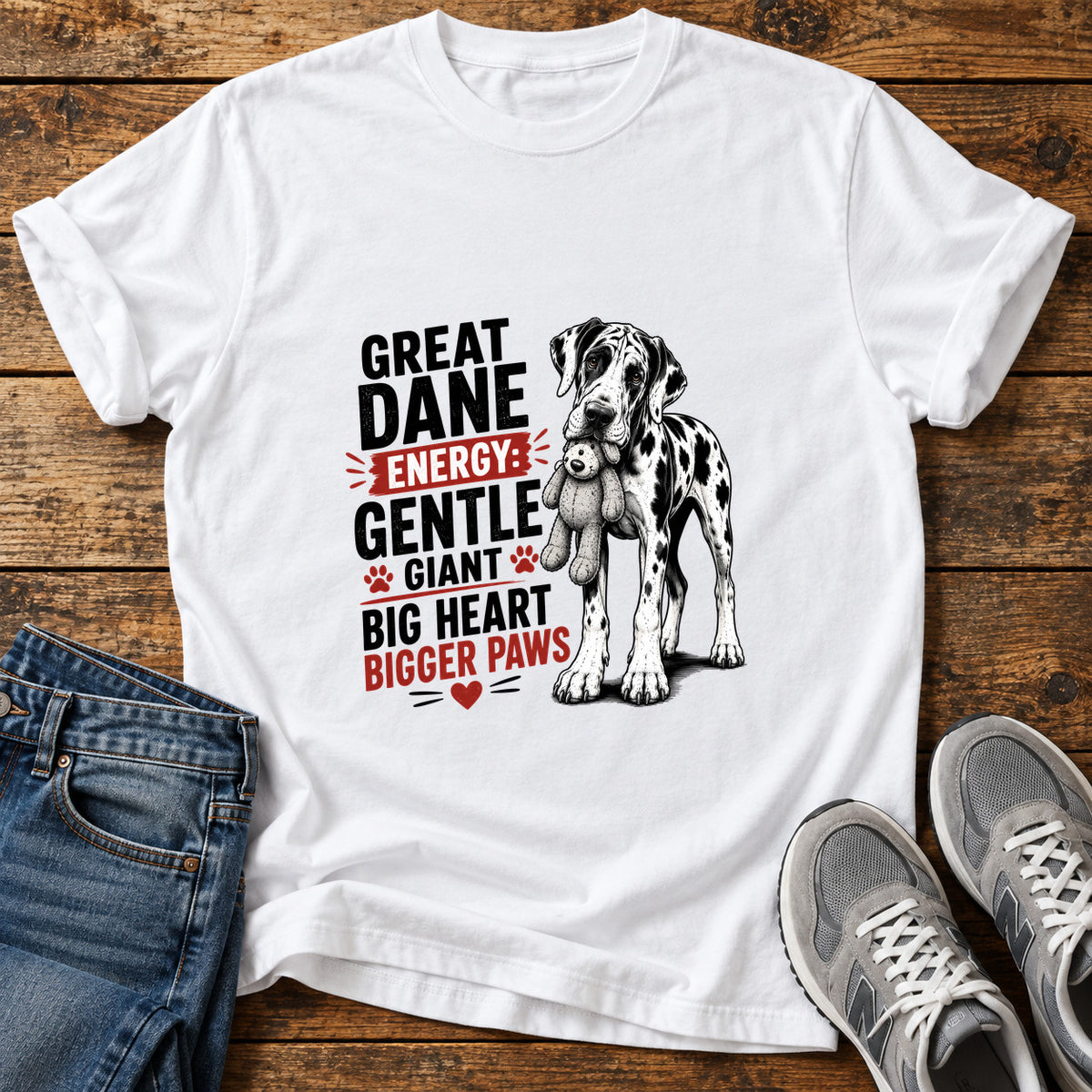Great Dane Energy graphic T-shirt in White, shown on a flat-lay shirt mockup
