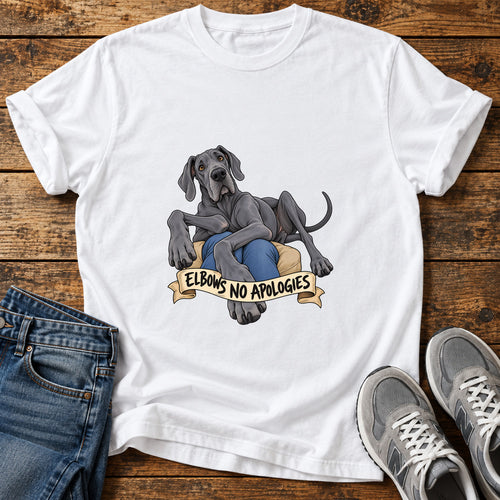 Elbows No Apologies Great Dane graphic T-shirt in White, shown on a flat-lay shirt mockup
