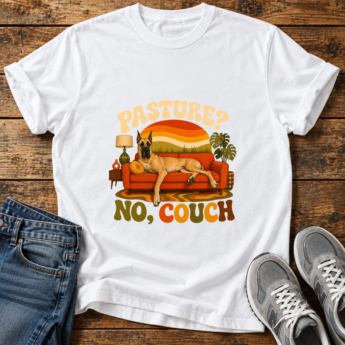 Pasture No Couch Great Dane graphic T-shirt in White, shown on a flat-lay shirt mockup