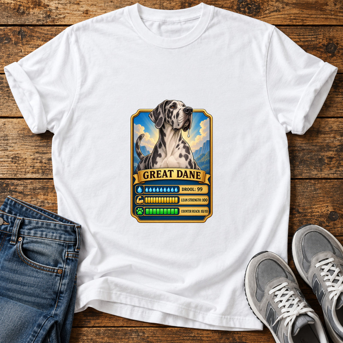 Great Dane Stats graphic T-shirt in White, shown on a flat-lay shirt mockup