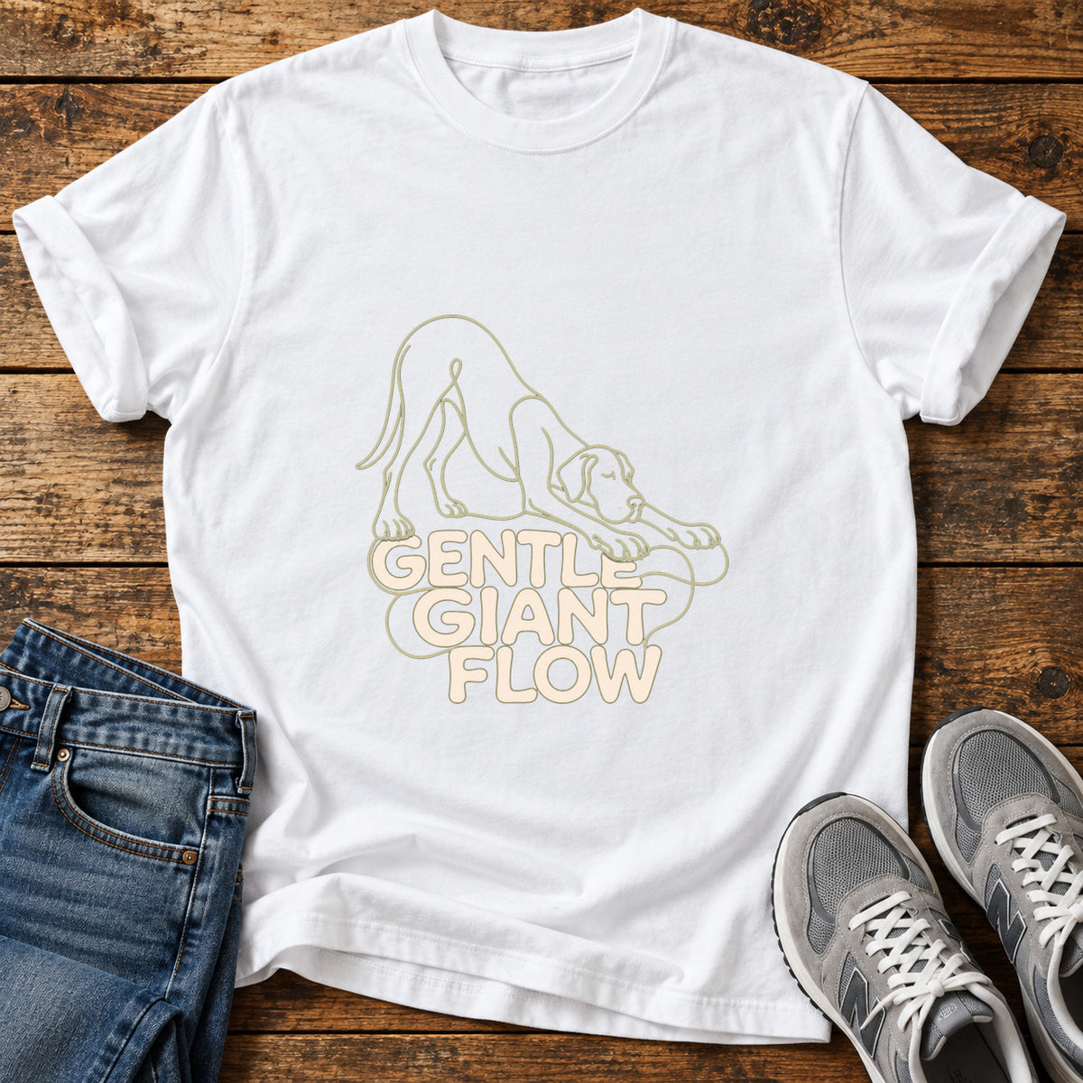 Gentle Giant Flow Great Dane graphic T-shirt in White, shown on a flat-lay shirt mockup