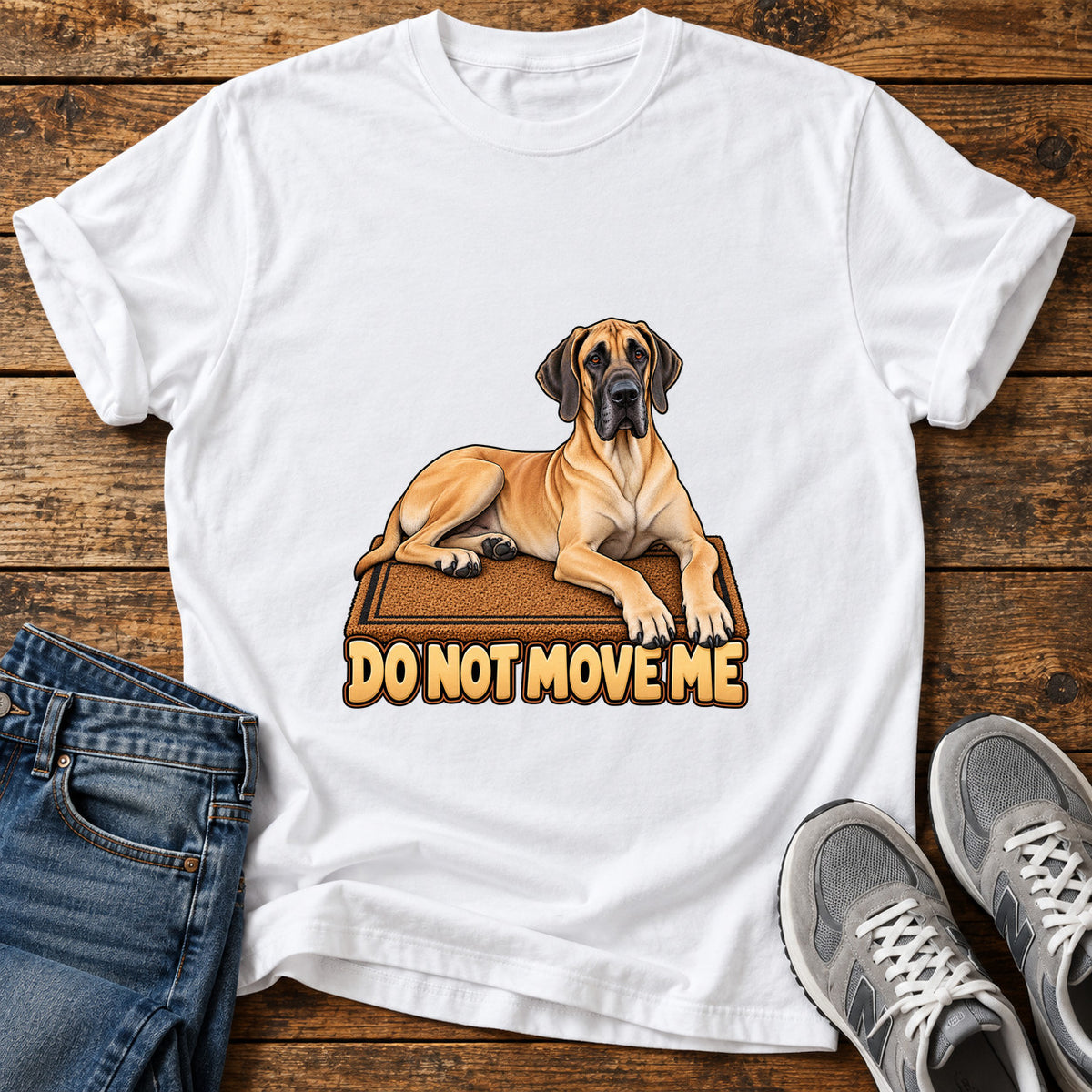 Do Not Move Great Dane graphic T-shirt in White, shown on a flat-lay shirt mockup