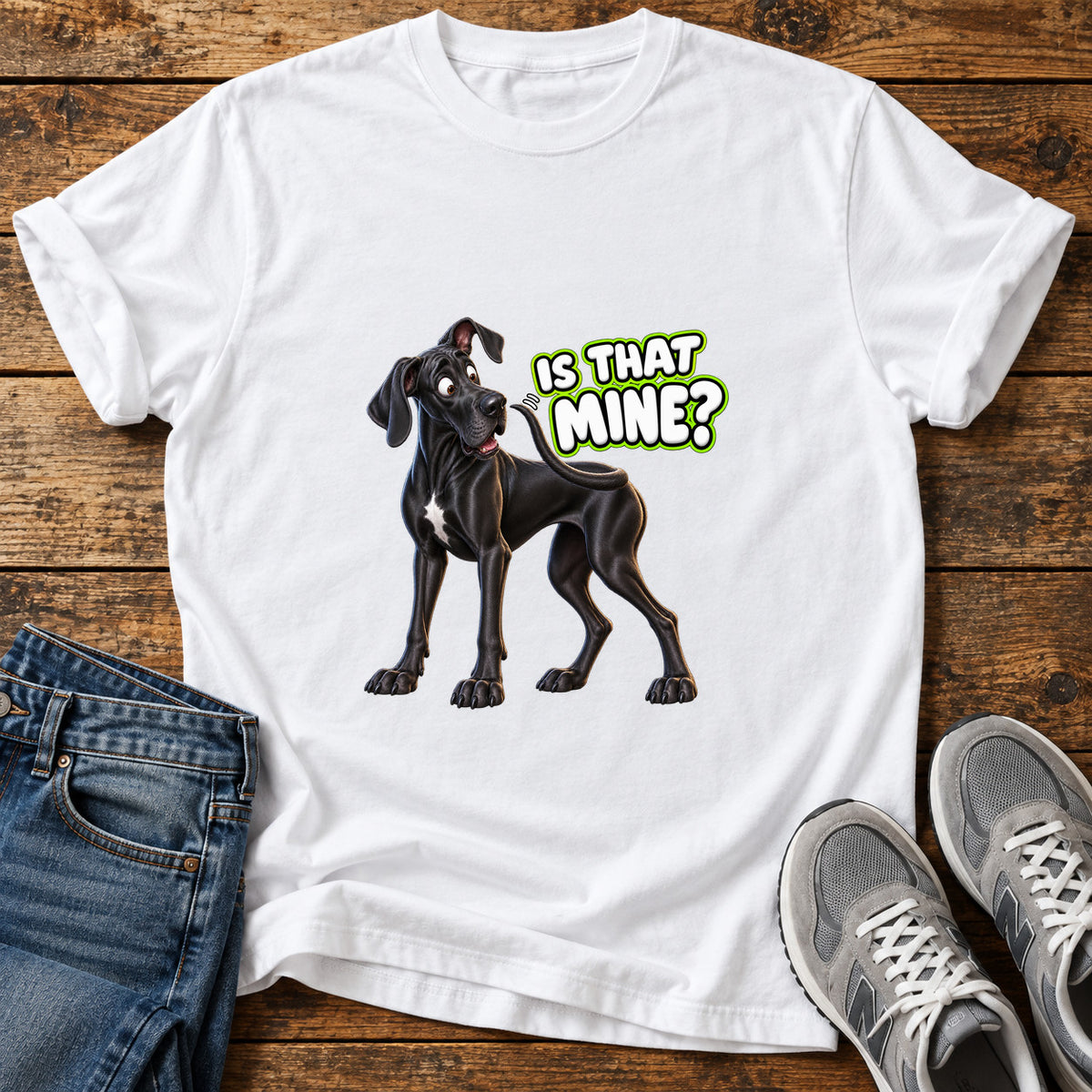 Is That Mine Great Dane graphic T-shirt in White, shown on a flat-lay shirt mockup