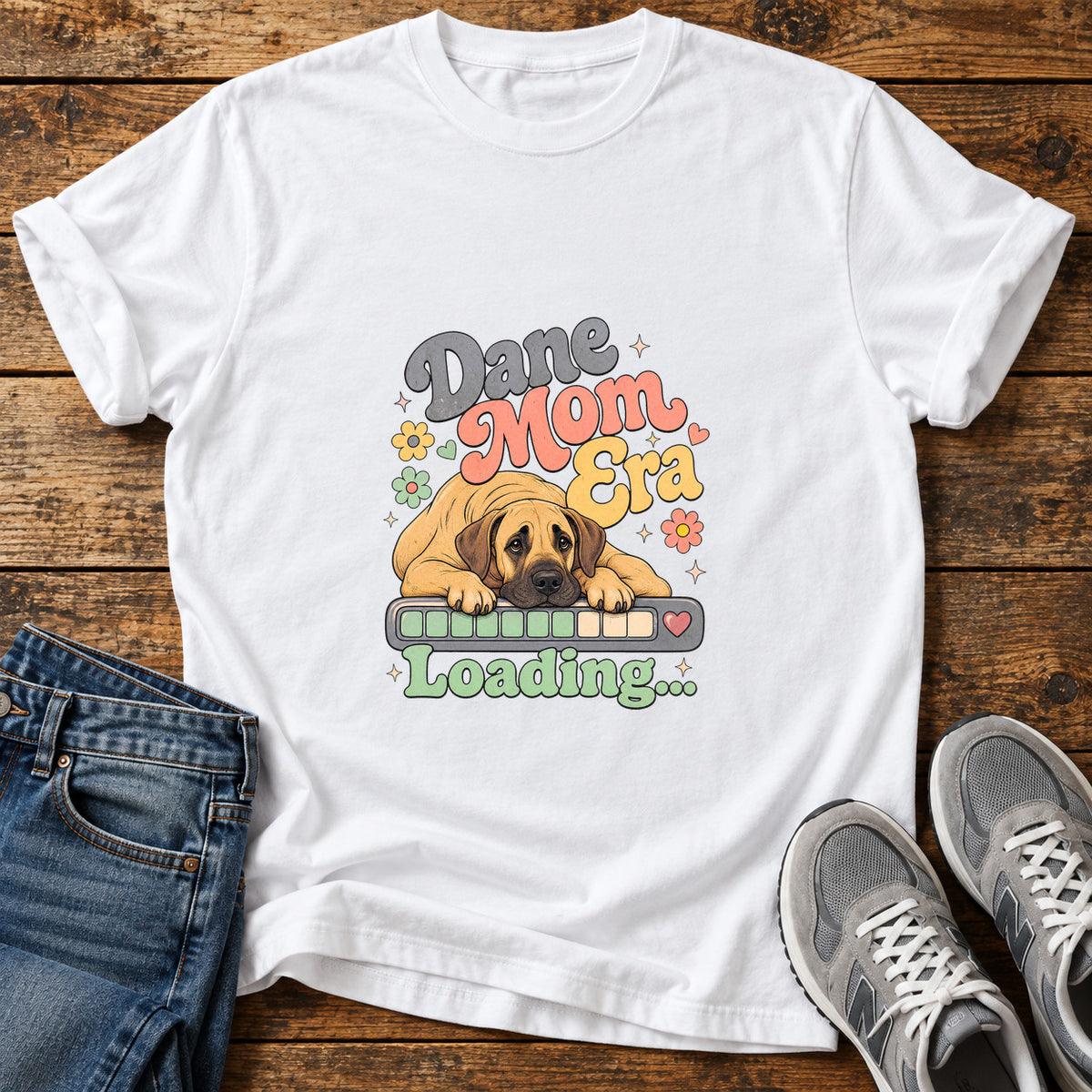 Dane Mom Loading Great Dane graphic T-shirt in White, shown on a flat-lay shirt mockup