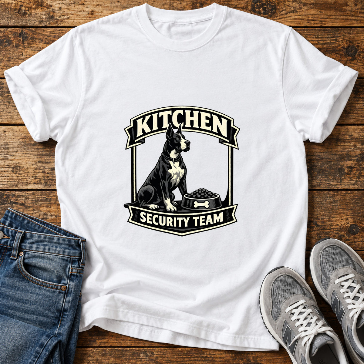 Kitchen Security Great Dane graphic T-shirt in White, shown on a flat-lay shirt mockup