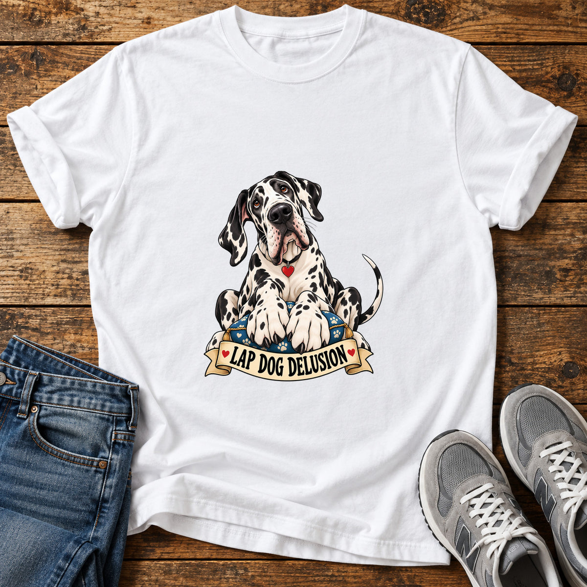 Lap Dog Delusion Great Dane graphic T-shirt in White, shown on a flat-lay shirt mockup