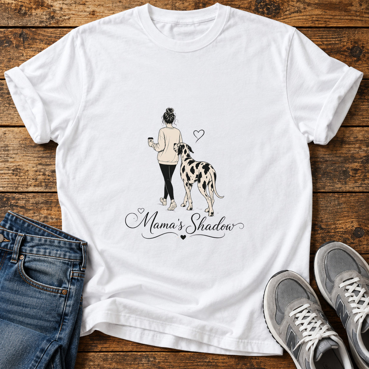 Mama's Shadow Great Dane graphic T-shirt in White, shown on a flat-lay shirt mockup