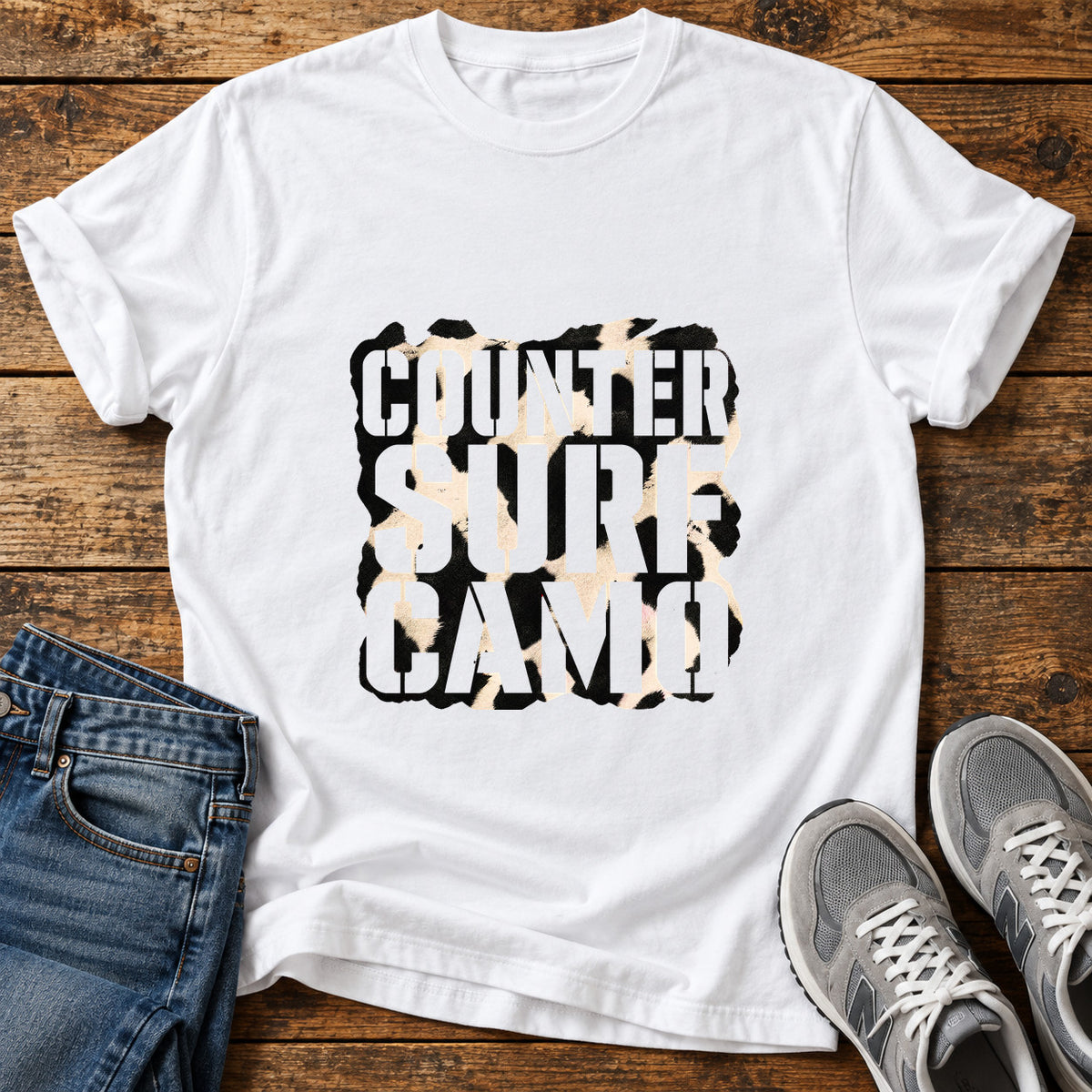 Counter Surf Camo Great Dane graphic T-shirt in White, shown on a flat-lay shirt mockup