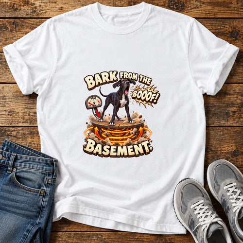 Bark Boof Basement Great Dane graphic T-shirt in White, shown on a flat-lay shirt mockup