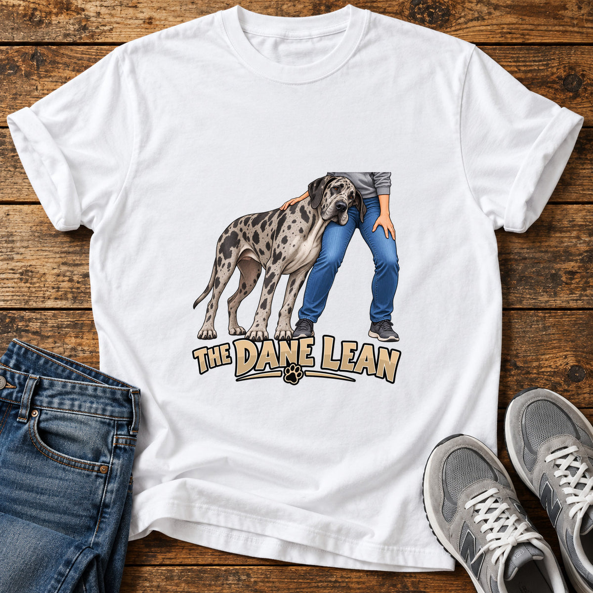 The Dane Lean Great Dane graphic T-shirt in White, shown on a flat-lay shirt mockup