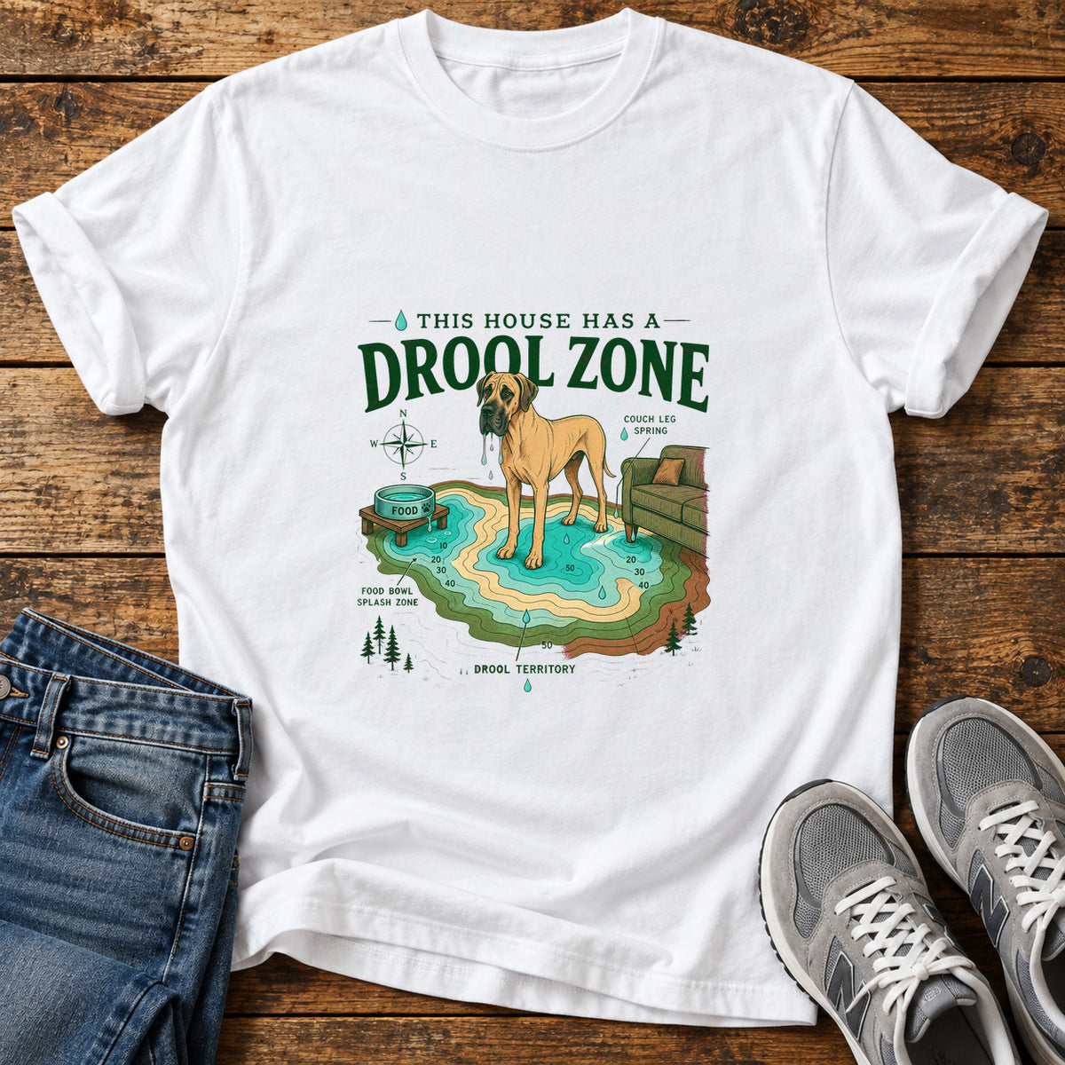 Drool Zone Zone Great Dane graphic T-shirt in White, shown on a flat-lay shirt mockup