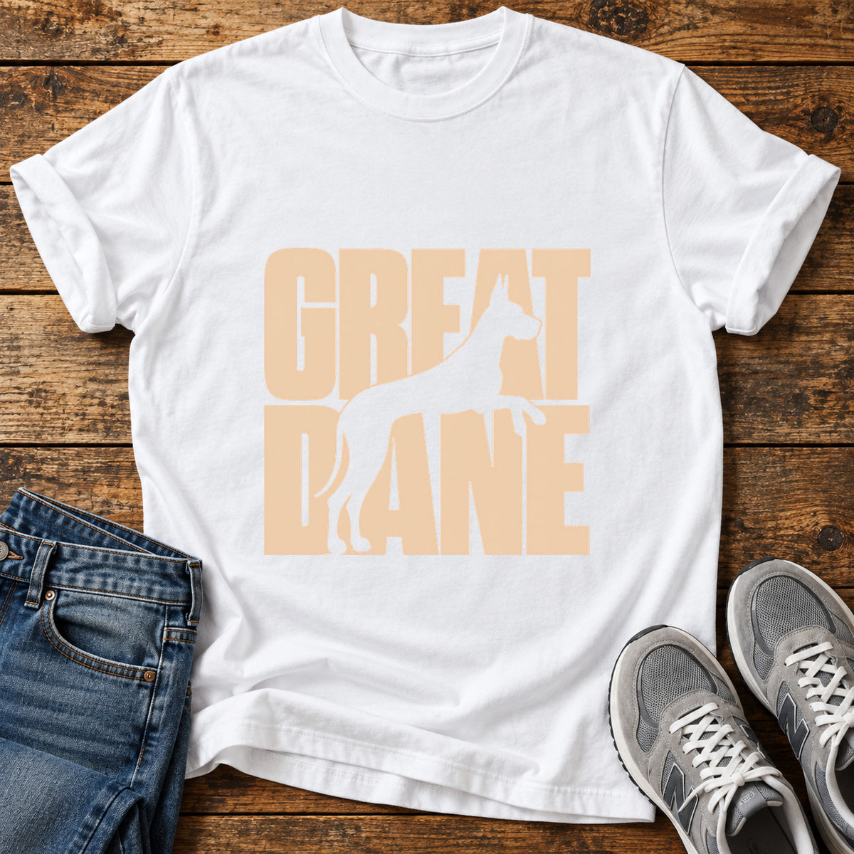 Great Dane graphic T-shirt in White, shown on a flat-lay shirt mockup