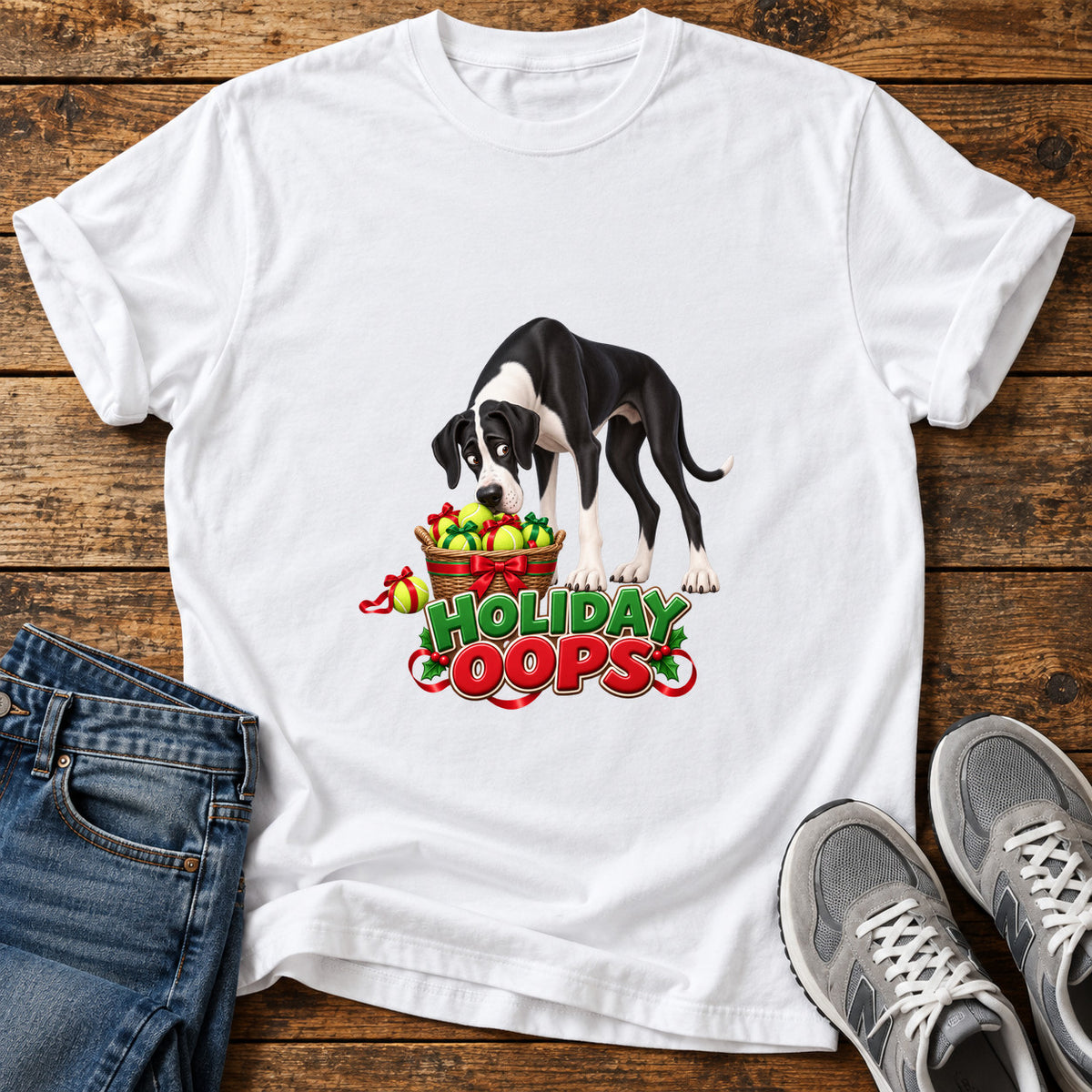 Holiday Oops Great Dane graphic T-shirt in White, shown on a flat-lay shirt mockup