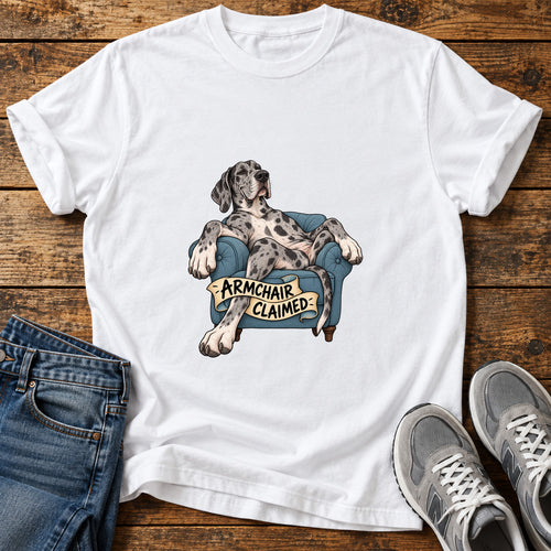 Armchair Claimed Great Dane graphic T-shirt in White, shown on a flat-lay shirt mockup