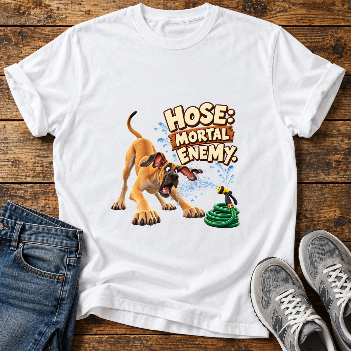 Hose Mortal Enemy Great Dane graphic T-shirt in White, shown on a flat-lay shirt mockup