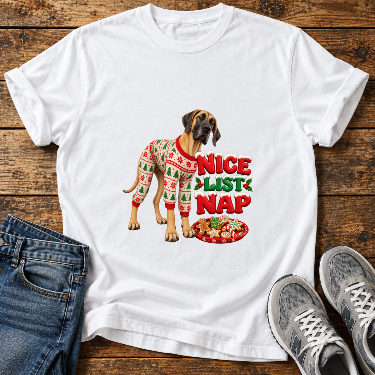 Nice List Nap Great Dane graphic T-shirt in White, shown on a flat-lay shirt mockup