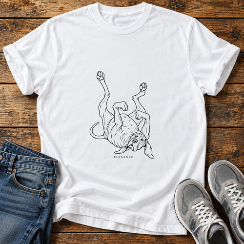 Elegance Dog Great Dane graphic T-shirt in White, shown on a flat-lay shirt mockup