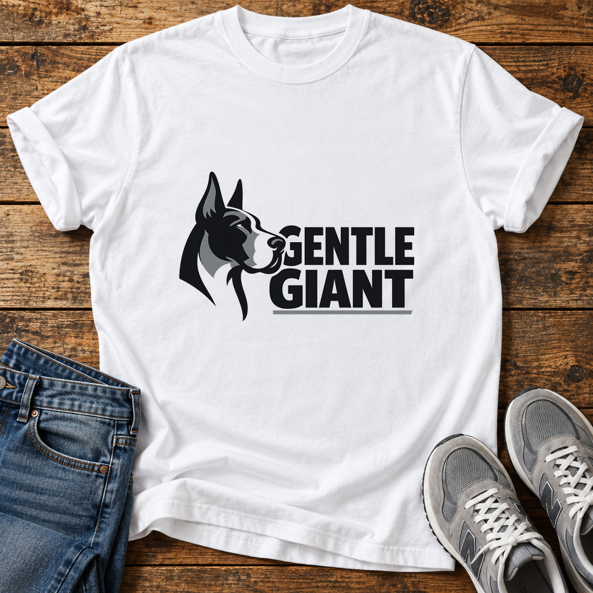 Gentle Giant Great Dane graphic T-shirt in White, shown on a flat-lay shirt mockup