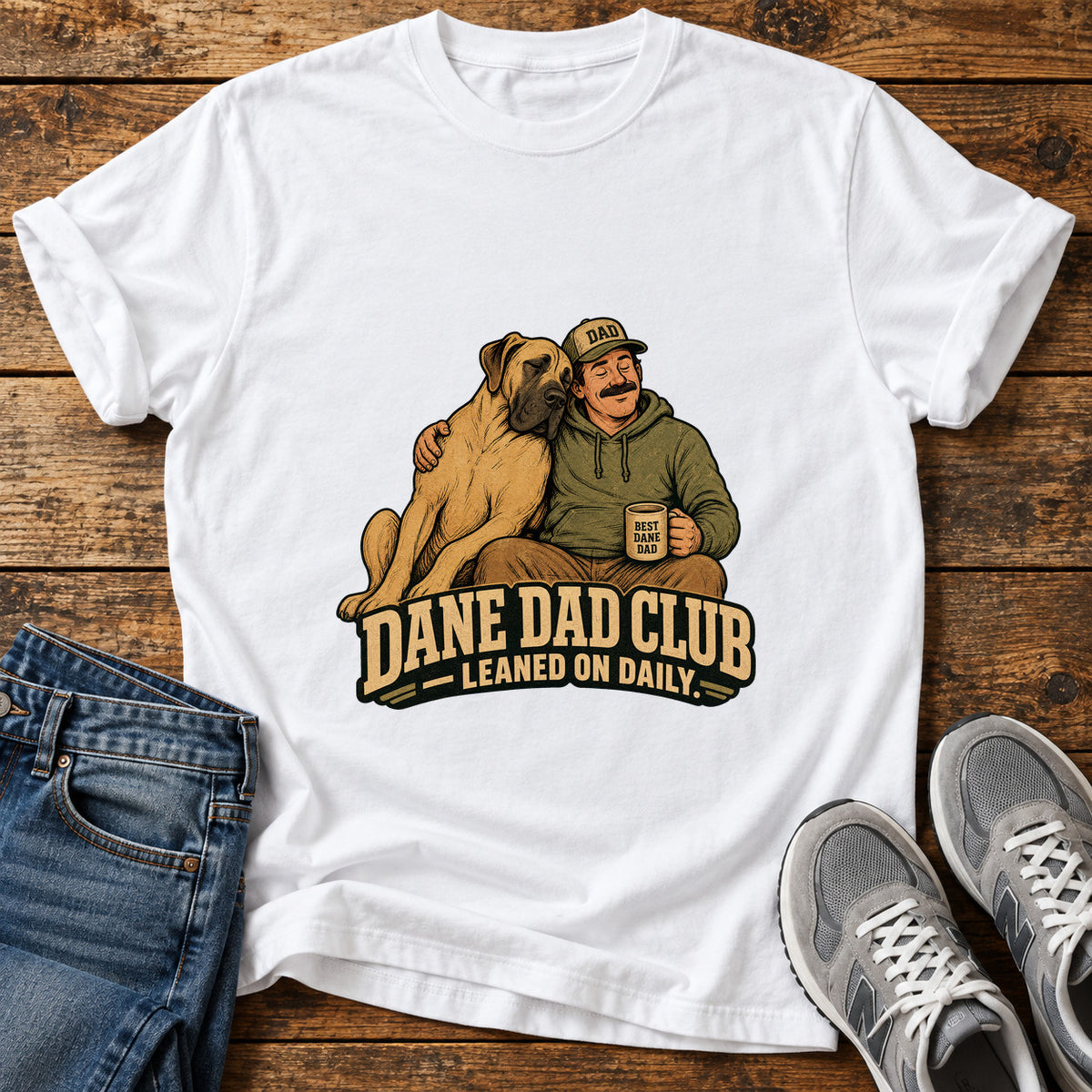 Dane Dad Club Great Dane graphic T-shirt in White, shown on a flat-lay shirt mockup