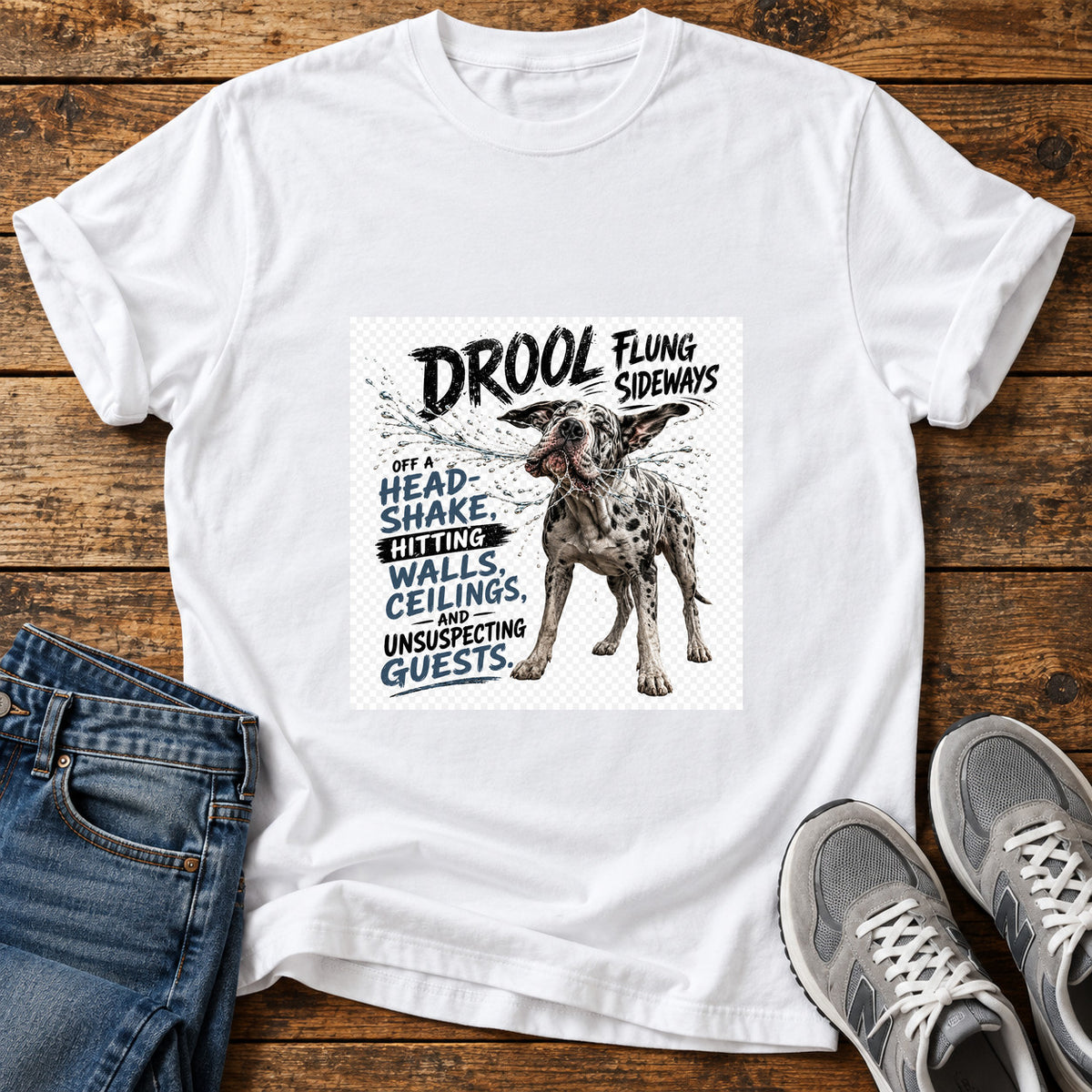 Drool Flung Sideways Great Dane graphic T-shirt in White, shown on a flat-lay shirt mockup