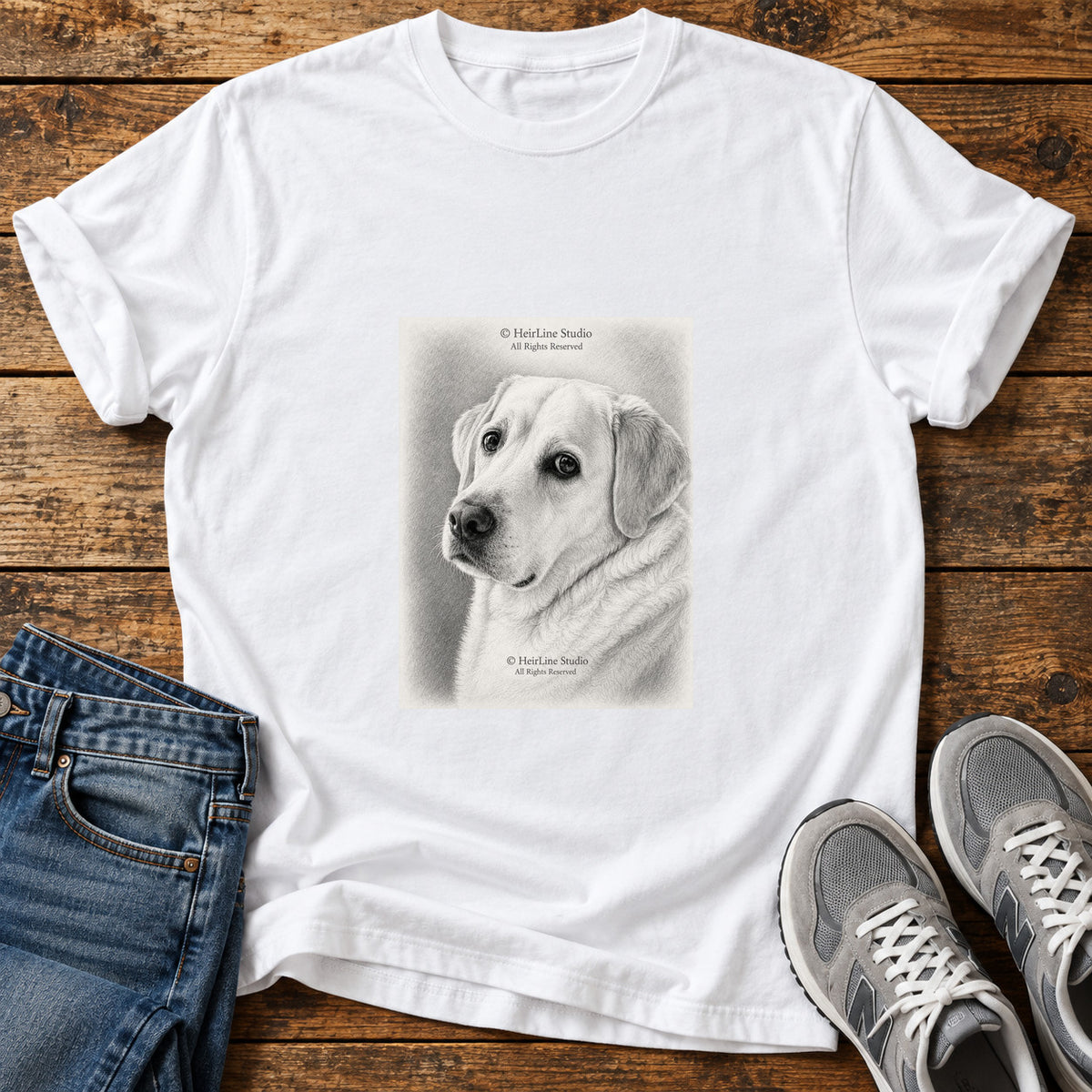 Gentle Lab Great Dane graphic T-shirt in White, shown on a flat-lay shirt mockup