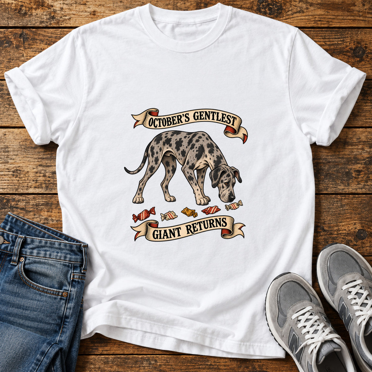 October's Gentlest Great Dane graphic T-shirt in White, shown on a flat-lay shirt mockup