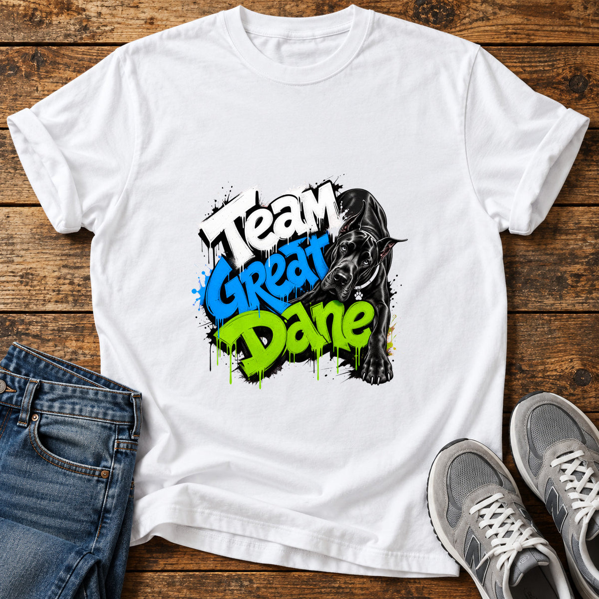 Team Great Dane graphic T-shirt in White, shown on a flat-lay shirt mockup