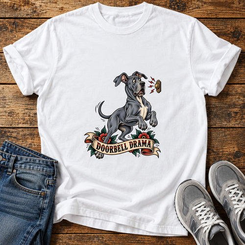 Doorbell Drama Great Dane graphic T-shirt in White, shown on a flat-lay shirt mockup