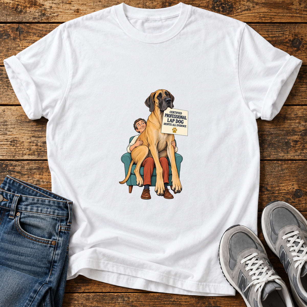 Professional Lap Dog Great Dane graphic T-shirt in White, shown on a flat-lay shirt mockup