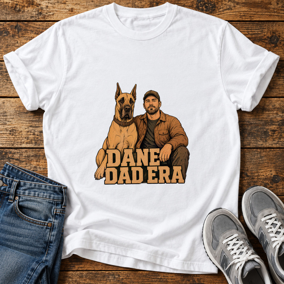Dane Dad Era Great Dane graphic T-shirt in White, shown on a flat-lay shirt mockup
