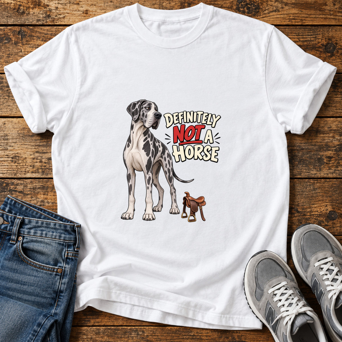 Not A Horse Great Dane graphic T-shirt in White, shown on a flat-lay shirt mockup