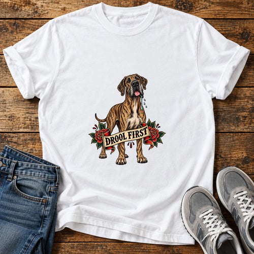 Drool First Great Dane graphic T-shirt in White, shown on a flat-lay shirt mockup