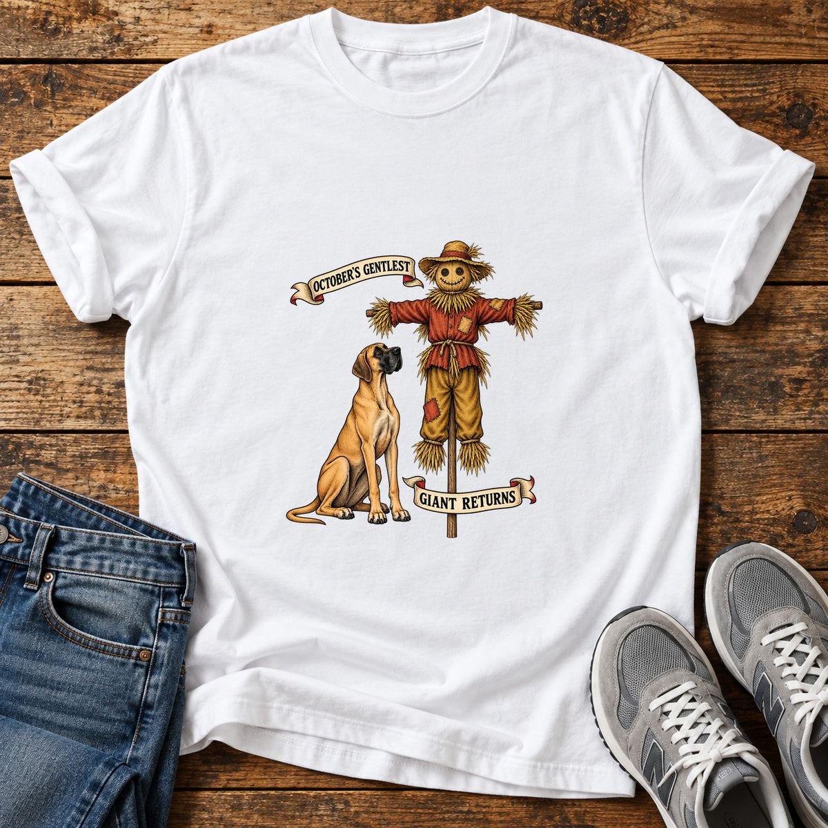 October's Gentlest Great Dane graphic T-shirt in White, shown on a flat-lay shirt mockup
