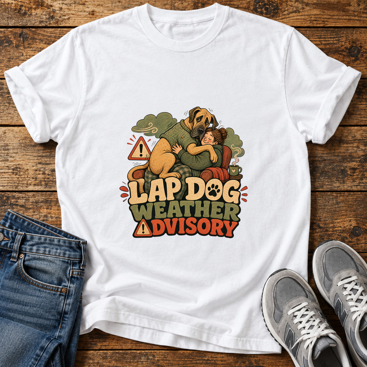 Lap Dog Advisory Great Dane graphic T-shirt in White, shown on a flat-lay shirt mockup