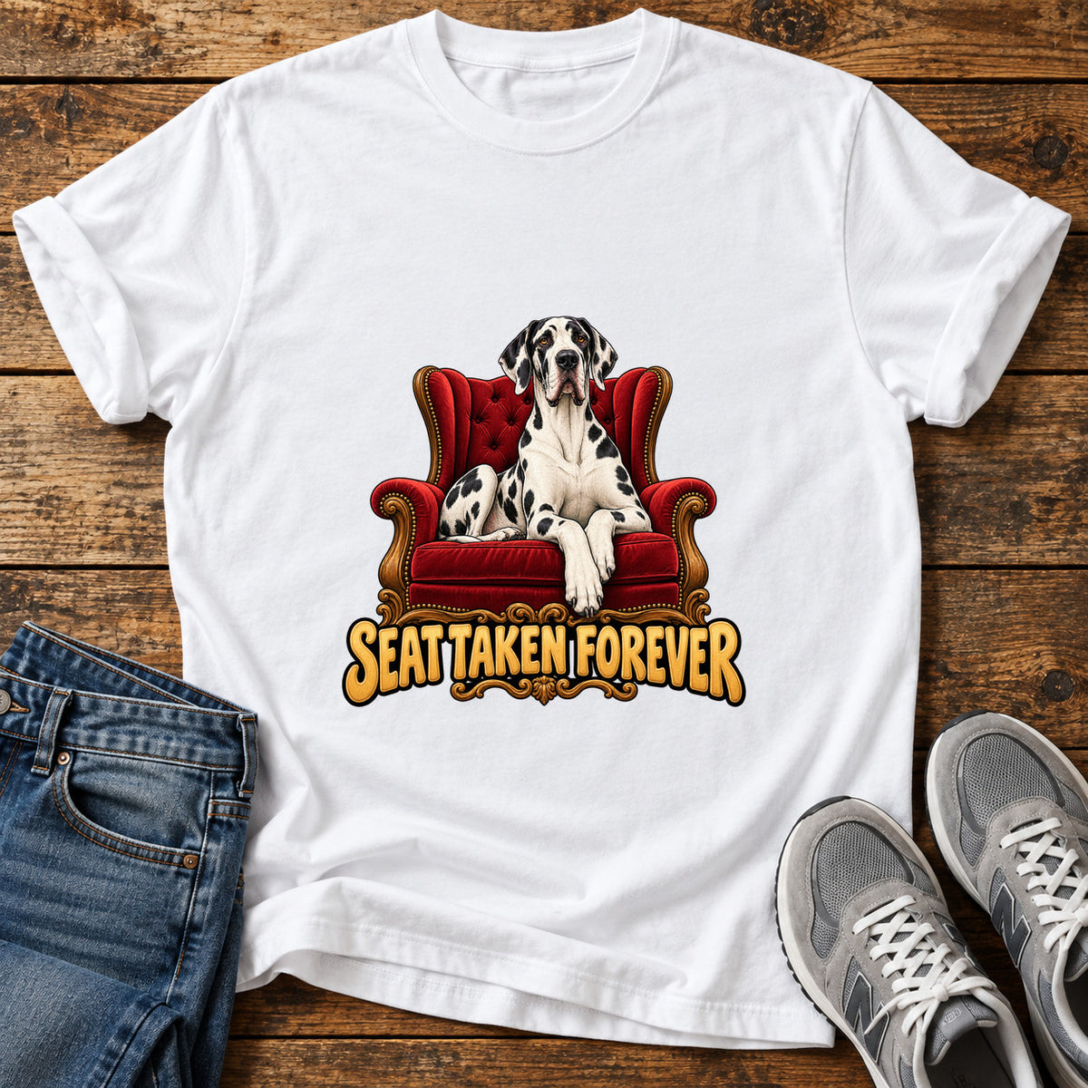 Seat Taken Great Dane graphic T-shirt in White, shown on a flat-lay shirt mockup