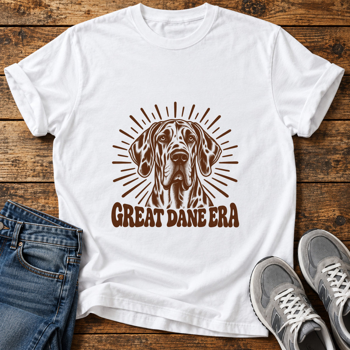 Great Dane Era graphic T-shirt in White, shown on a flat-lay shirt mockup