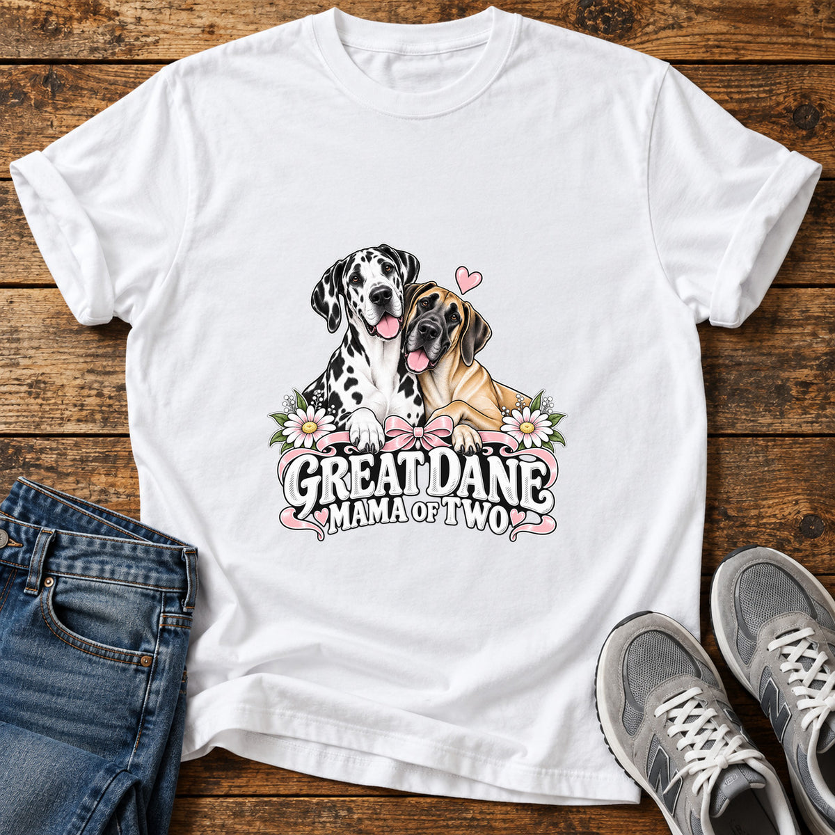 Great Dane Mama graphic T-shirt in White, shown on a flat-lay shirt mockup