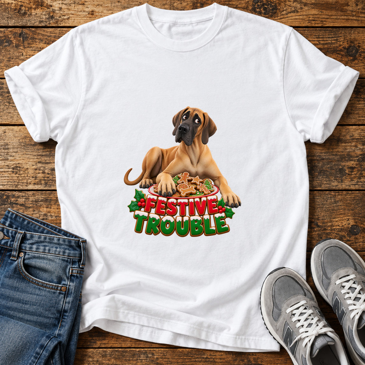 Festive Trouble Great Dane graphic T-shirt in White, shown on a flat-lay shirt mockup