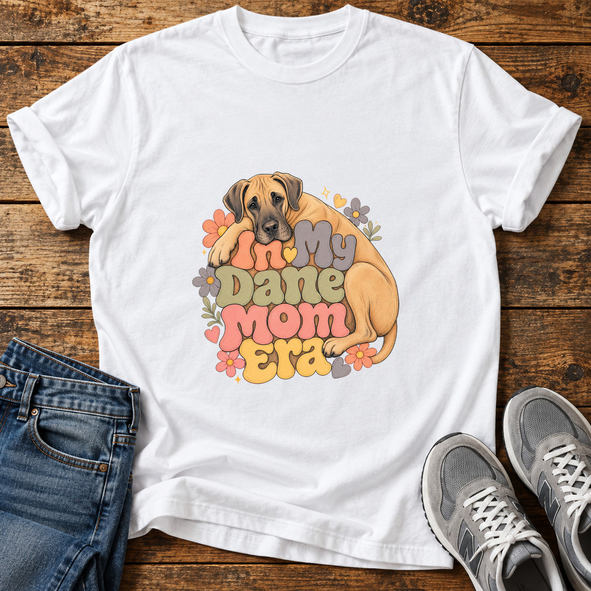 Dane Mom Era Great Dane graphic T-shirt in White, shown on a flat-lay shirt mockup