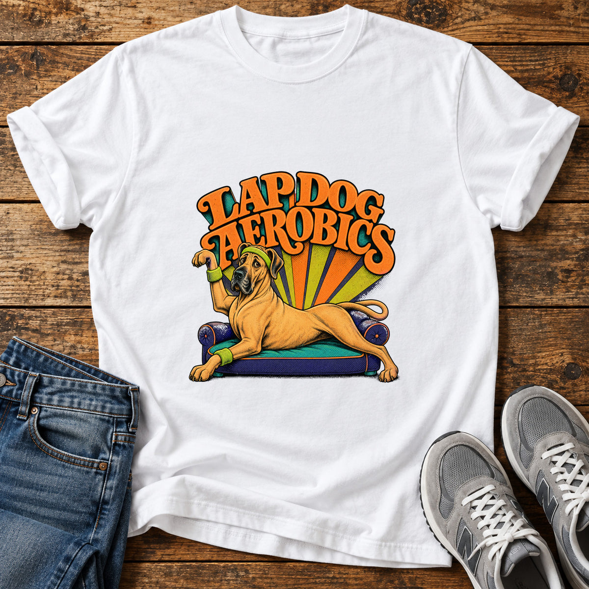 Lap Dog Aerobics Great Dane graphic T-shirt in White, shown on a flat-lay shirt mockup