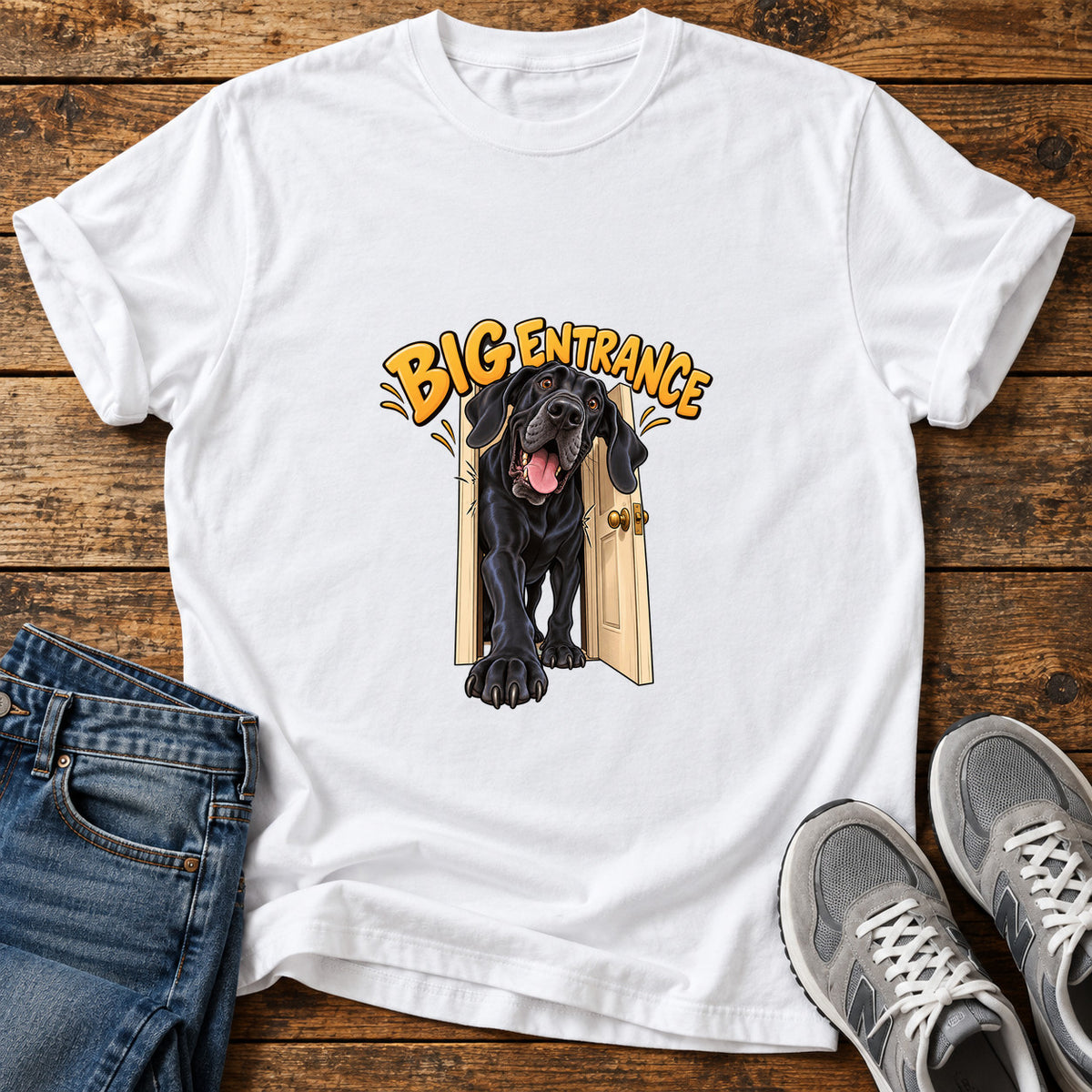 Big Entrance Great Dane graphic T-shirt in White, shown on a flat-lay shirt mockup